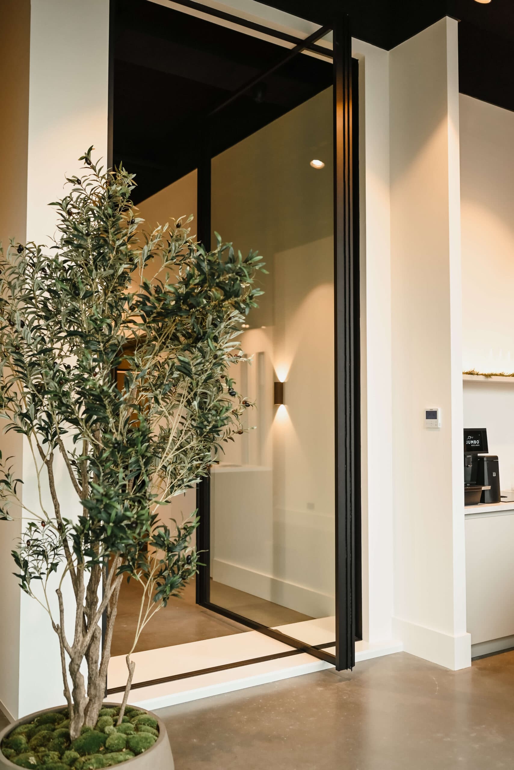 Stalen taatsdeur en olijfboom in showroom – Studio Roos Fotografie